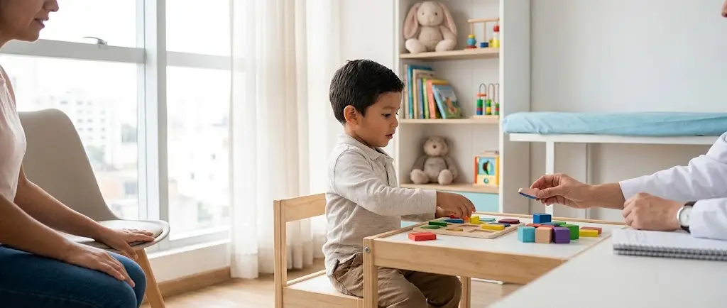 Niño realizando una actividad con bloques durante una evaluación de neurología pediátrica en Lima